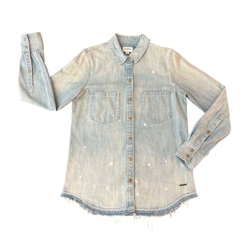 True Religion Womens Denim Utility Shirt Light Wash Paint Splatter XS (1239)